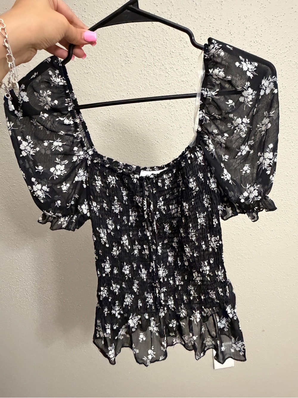 Black Floral Smocked Puff-Sleeve Blouse